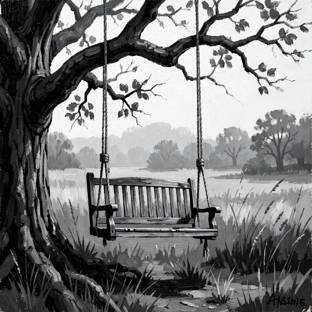 Empty porch swing under an old tree